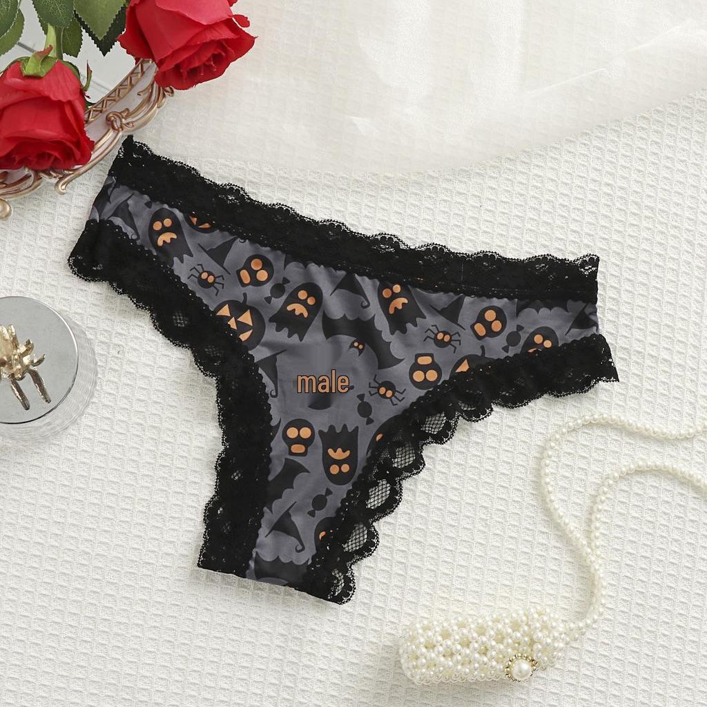 Lace Patchwork Seamless Halloween & Christmas Print Ice Silk Thong 367
