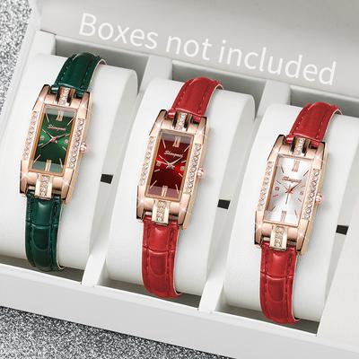 3PCS/Set Women's Watches Fashion Rectangle Quartz Watch Leather Band Wristwatches Set