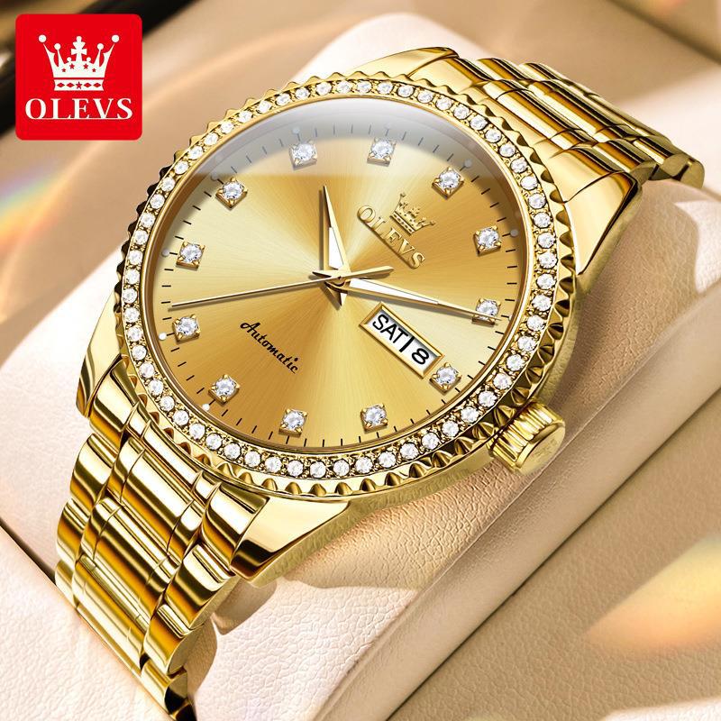 OLEVS Men's Watch Luxury Brand Diamond Automatic Mechanical Watch Stainless Steel Waterproof Calendar Business Men's Watch