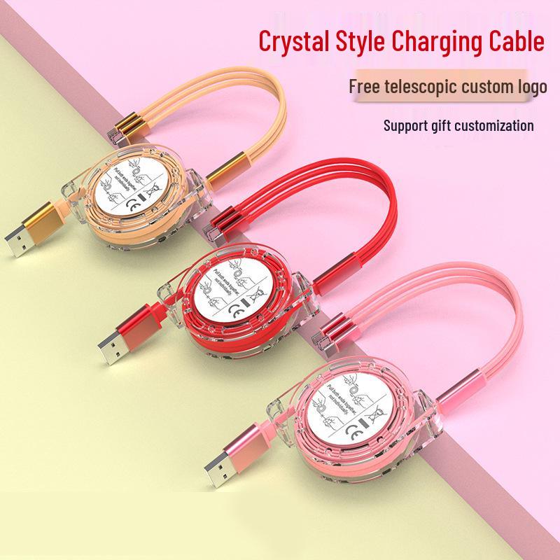 Crystal 3-in-1 Retractable Fast Charging Cable - Universal Mobile Phone Accessory with Logo, Easy Storage, 3A. Crystal Three-in-One Pack чёрный