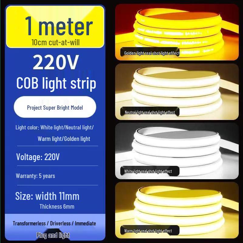 

Наружная водонепроницаемая светодиодная лента, 220 В COB, самоклеящаяся, суперяркий белый свет, подходит для гостиной и потолка.