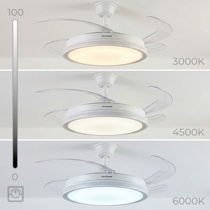 Ventilateur de plafond avec lumière LED RGB, pales rétractables, 6 vitesses, moteur DC et télécommande InnovaGoods VENTILATEUR