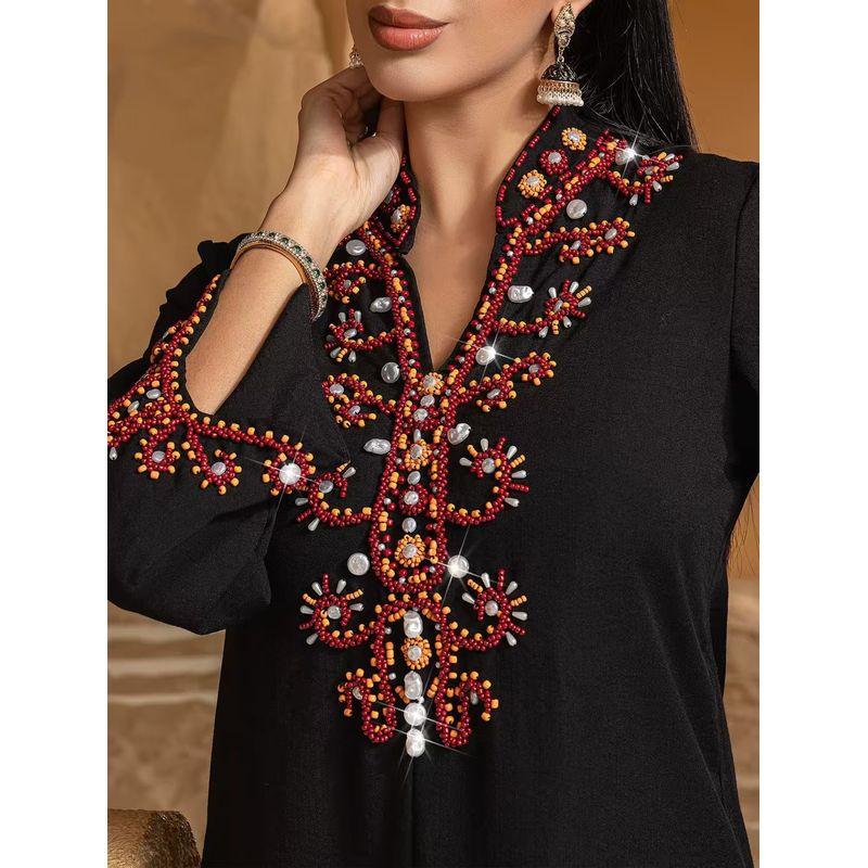 New Middle East High end M Pearl Embroidery Fashion Robe Dress Rice Bead Embroidered Dress