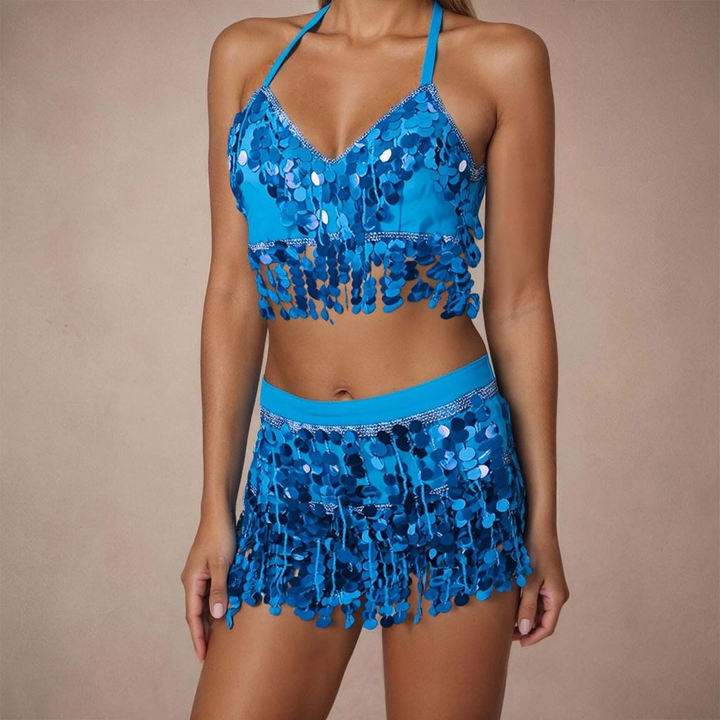 2 Deler, BH med paljettdusker, Topp med frynser, Magedansskjørt, Karneval, Klubb, Kostymer