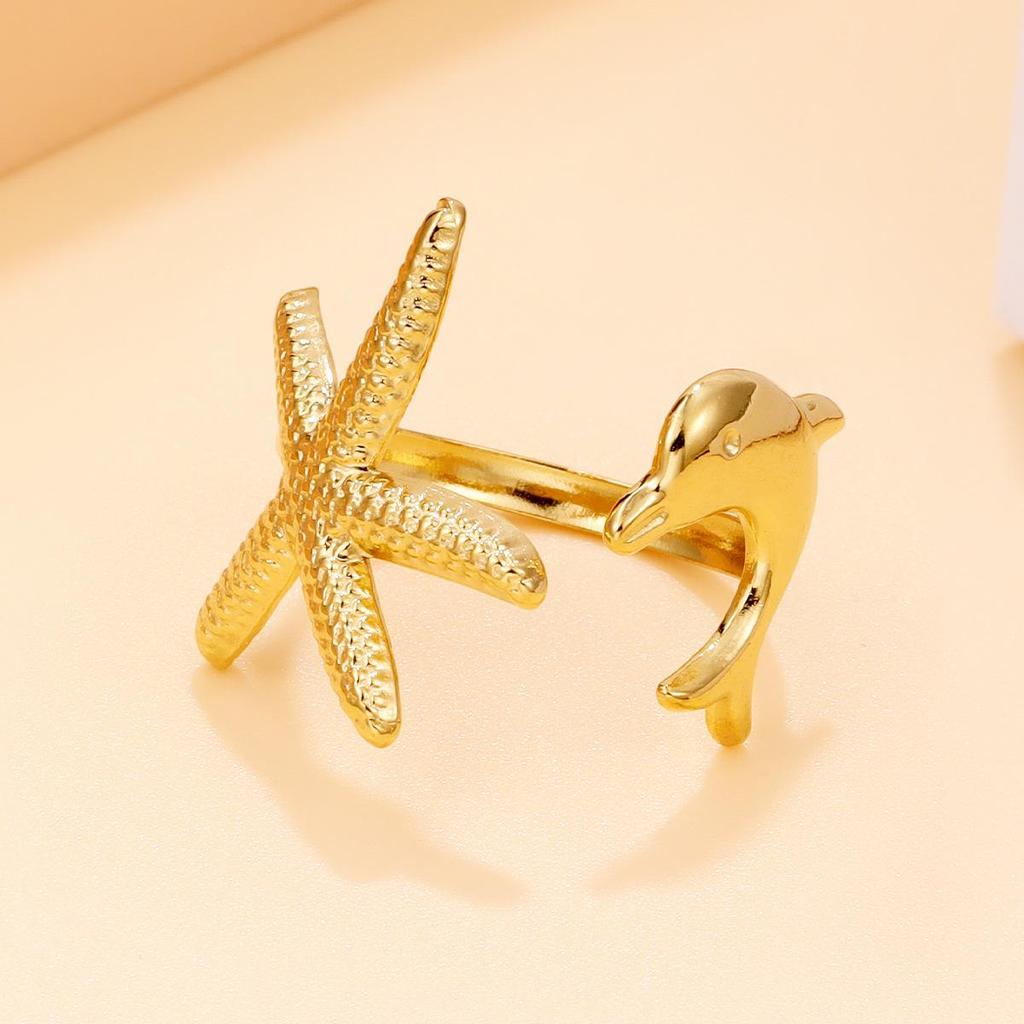 Stainless Steel Marine Animal Ring for Women - Starfish & Dolphin Design, Adjustable Size