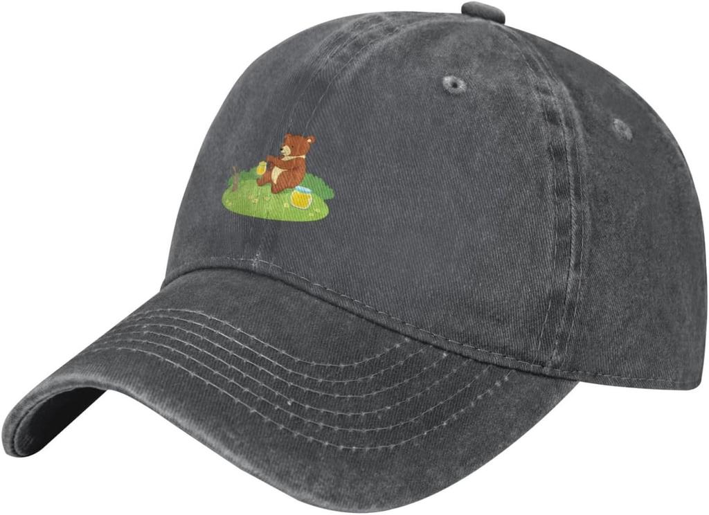 Cute Bear Honey Picnic Baseball Cap Washed Denim Adjustable Cotton Casual Hat Unisex