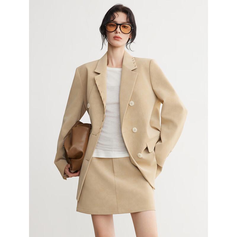 ELLE Women s Suede Retro Wide Shoulder Blazer S
