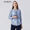 Women's Glacier Blue Tie-Neck Long Sleeve Slim Fit Blouse