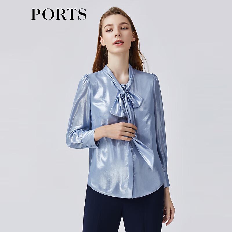 PORTS Women s Glacier Blue Tie-Neck Long Sleeve Slim Fit Blouse XL