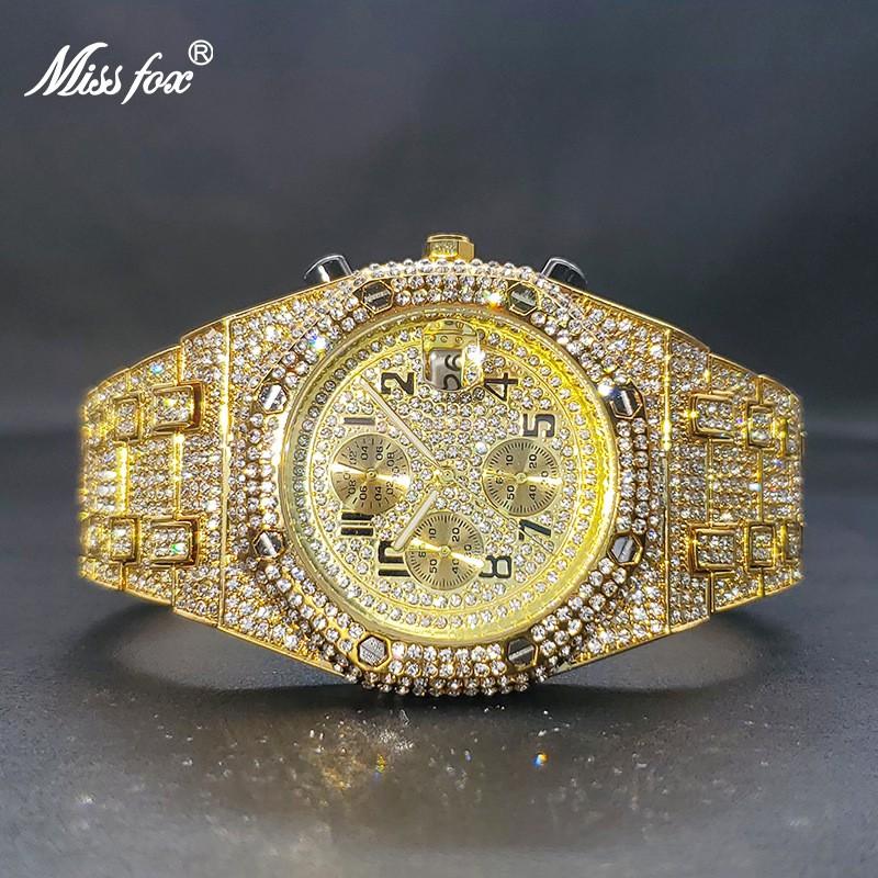 MISSFOX Mens Quartz Watch Hip Hop Bling 3-Eye Chronograph Sport Wristwatch