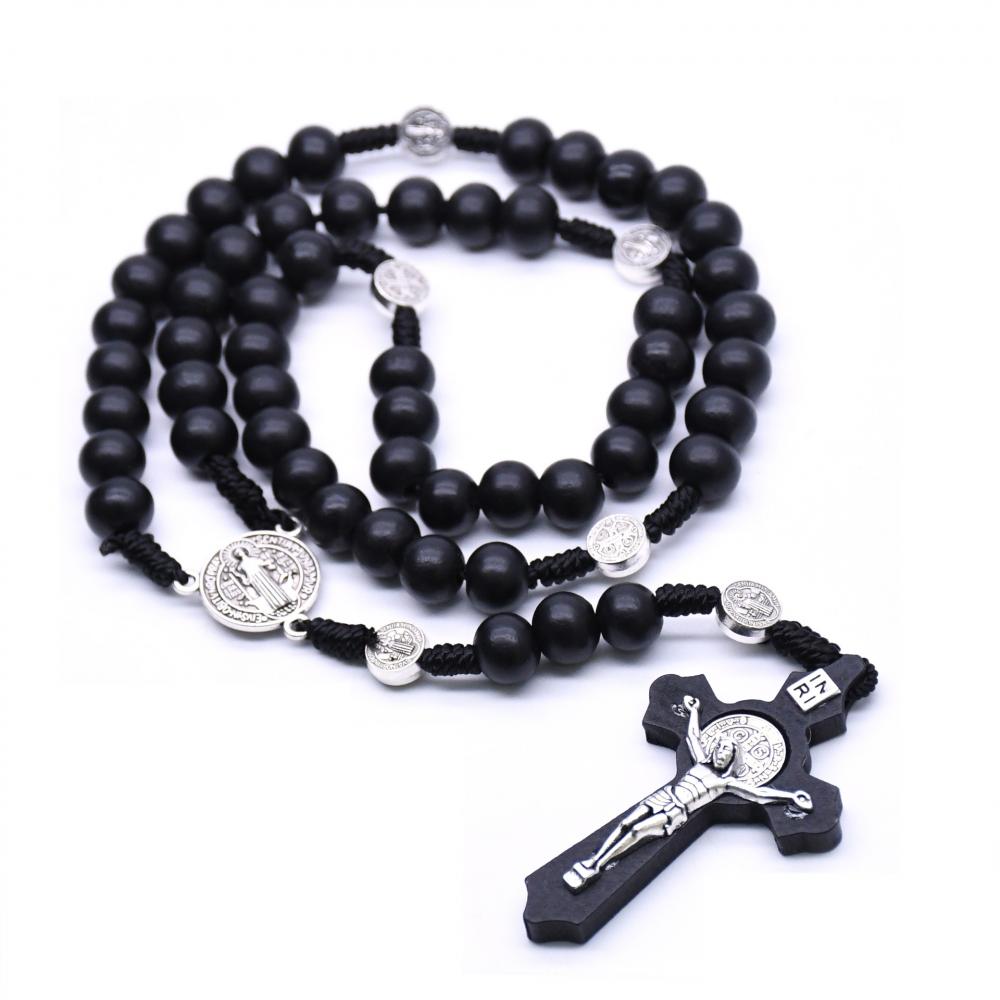 Trendy Black Brown Wooden Rosary Necklace Fashion Religious Catholic Large Cross Pendant For Women Men Fashion Beads Jewerly