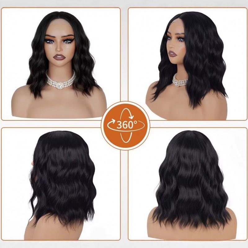Womens Short Curly Wig 4x1 Small T Part Lace Middle Water Wave Synthetic