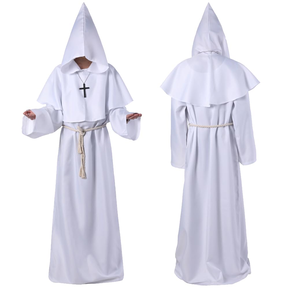 

KISSOS Косплей Длинный Набор для Хэллоуинской вечеринки Костюм, Мантия, Волшебник, Монах, Священник, Пастор, Костюм, Костюм, 4 предмета (Размер M, Белый) белый