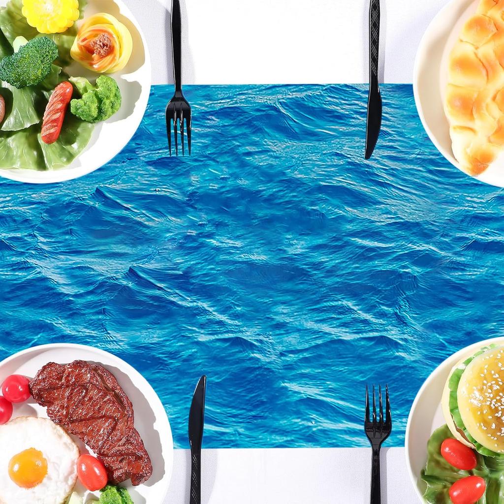 VitalCozy 6 Pcs Ocean Plastic Table Runner 14 x 108 Inch Disposable Blue Water Print Coastal Table Runner for Summer Beach Birthday Mermaid Theme