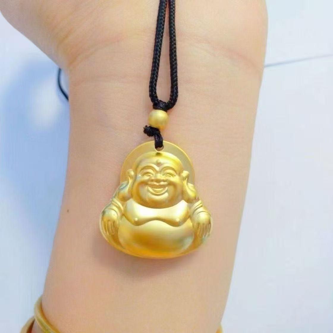 Stylish Gold Maitreya Buddha Pendant Necklace with Black Cord for Men and Women