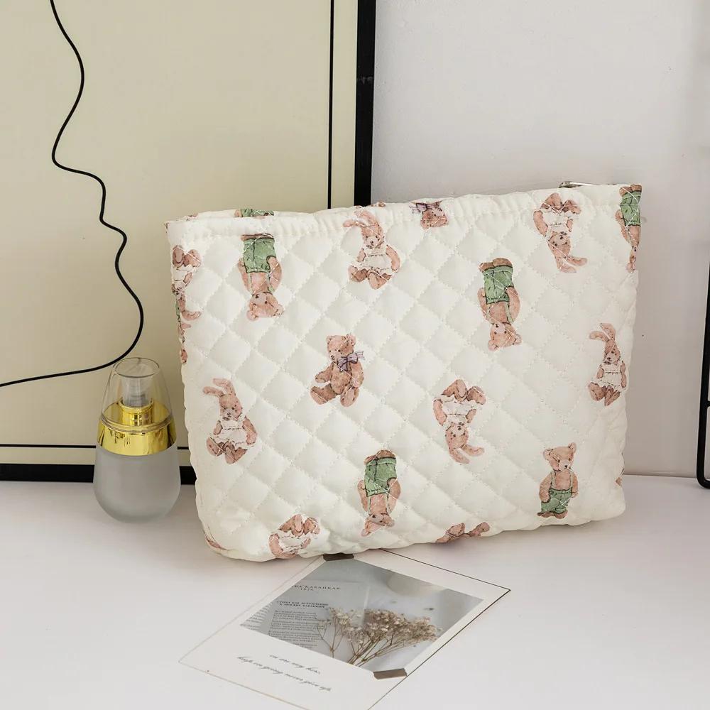 Girl Korean Style Large Capacity Cosmetic Bag Checkered Floral Cartoon Makeup Bags Women Clutch Bag Travel Cosmetic Organizer