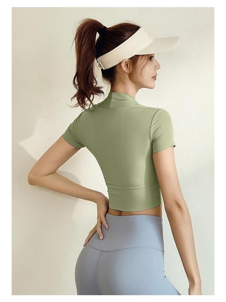 Juyitang Yoga-Top mit kurzen Ärmeln und hoher Elastizität – kein BH erforderlich 