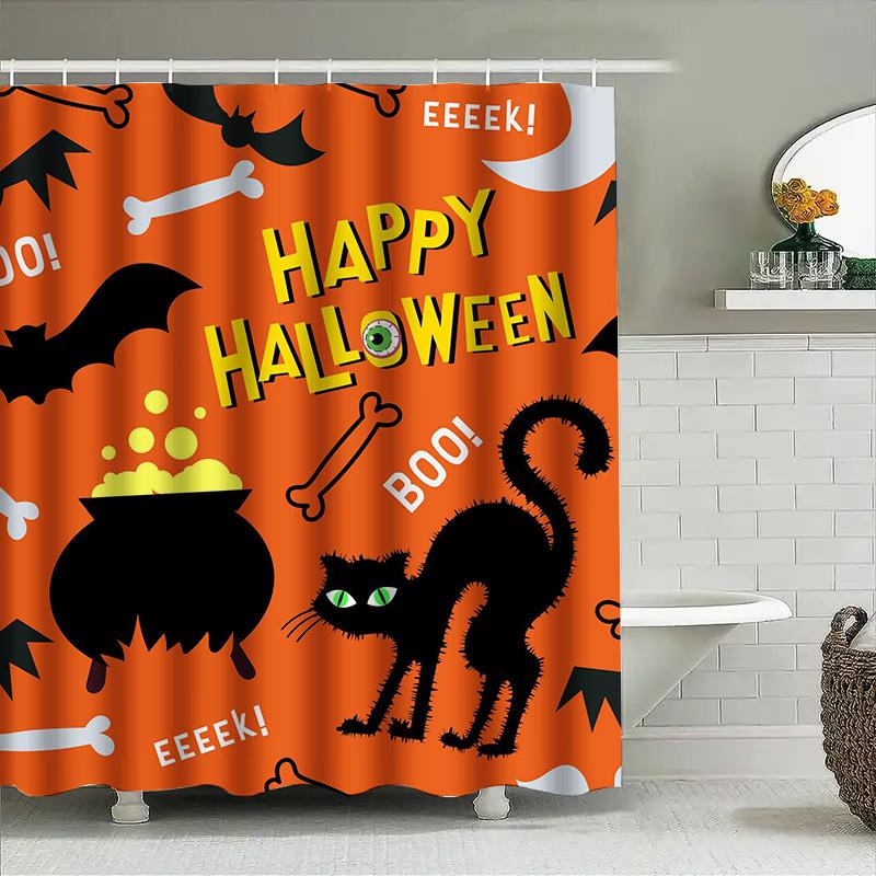 

Tuniu Halloween Bat Shower Curtain Spooky Black Cat & Cauldron Decor For Bathroom Kids Room W60H190(CM)-1 Pcs