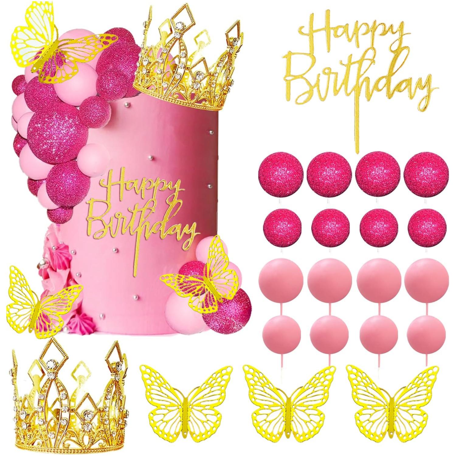 Balls Cake Toppers Happy Birthday Cake Toppers Crown Tiara Butterfly Cake Toppers for Birthday Wedding Baby Shower Party Decor