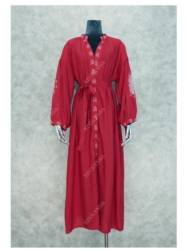 EDOLYNSA Rød bohemsk brodert front åpen Langermet strandkjole LongTunic Dame Plus Size Beachwear Badedrakt Cover Up Q1010