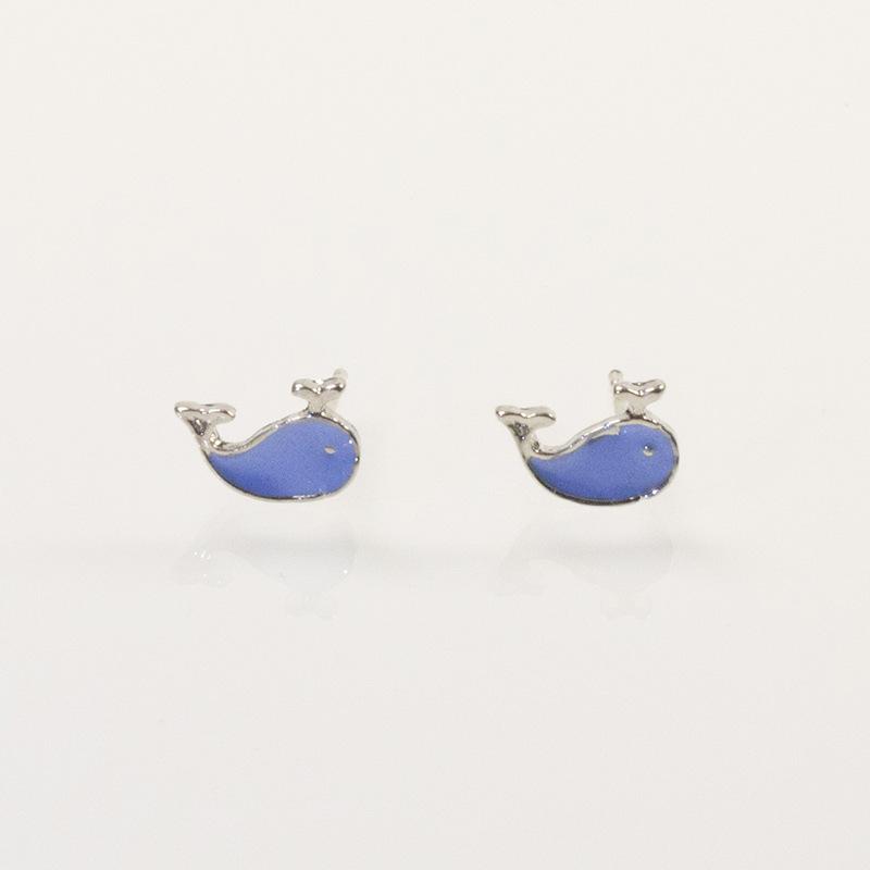 Silver Needle Japanese Style Cute Sea Blue Whale Dripping Oil Whale Small Stud Earrings Cartoon Student Stud Earrings