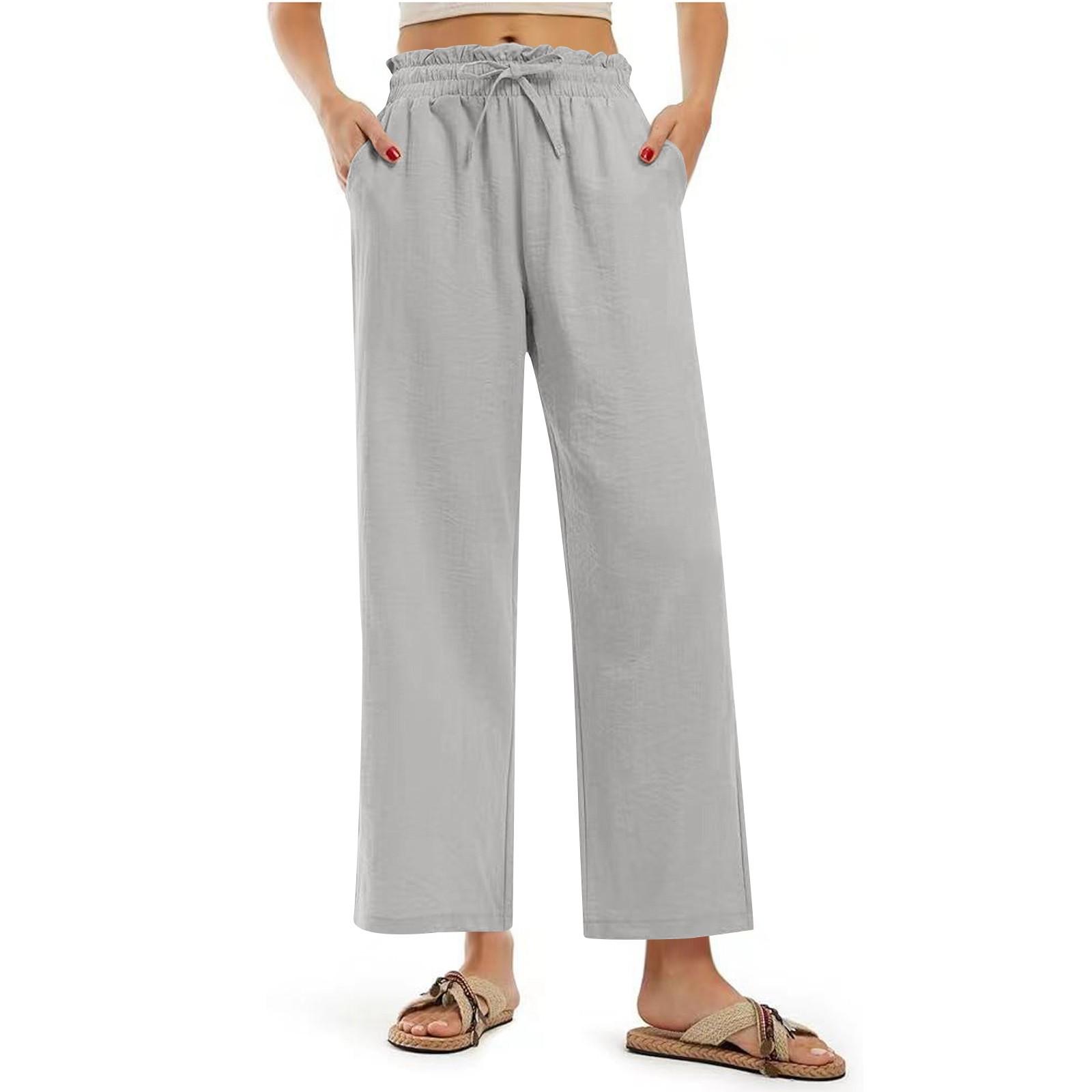 

Женские модные однотонные хлопковые конопляные свободные брюки с завязками и карманами, широкие брюки, повседневные брюки XL
