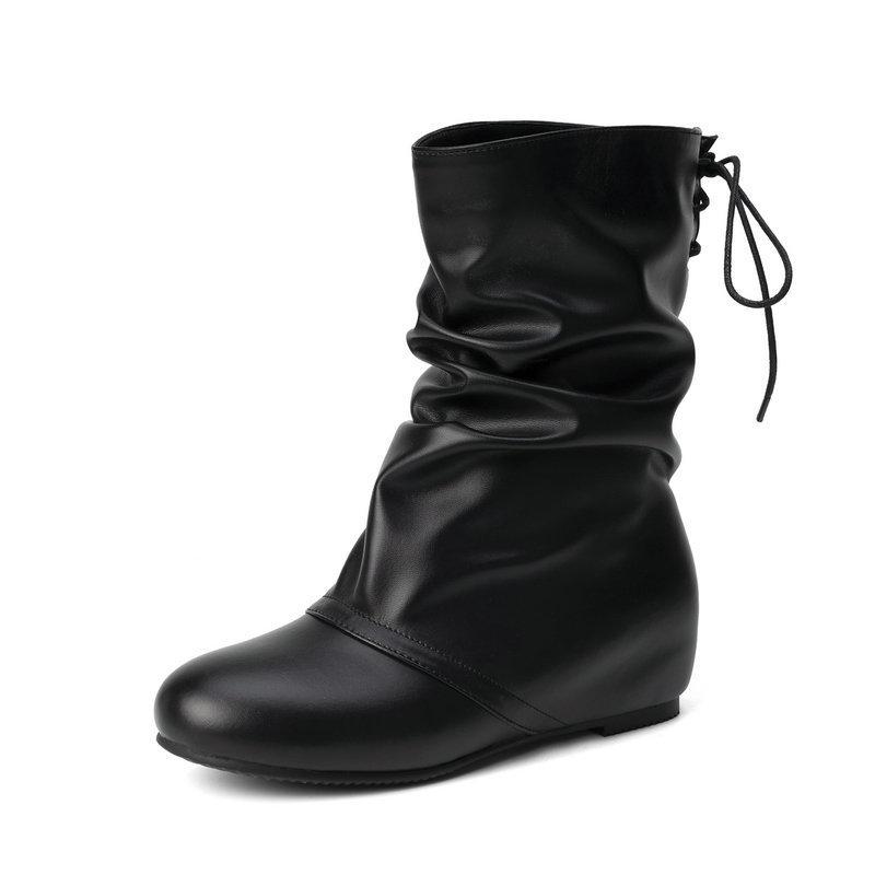 Women's Short Boots Black White Inner Height Increase and Naked Boots Wedge Heel Middle Heel Back Lace-Up Middle Boots Fashion Martin Boots Women