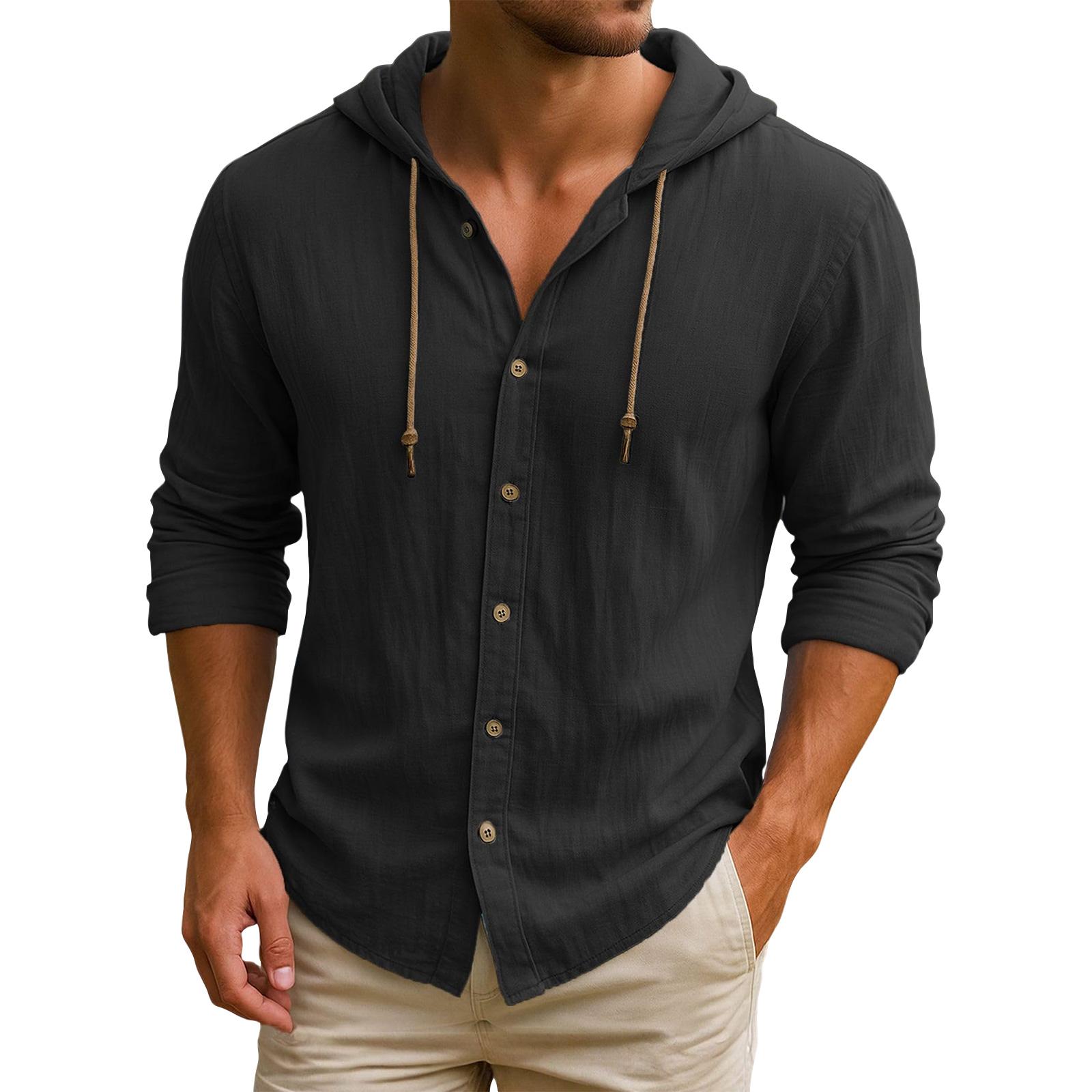 

Men s Hooded T-shirt Solid Color Cotton And Linen Men s Casual Long-sleeved Top L чёрный