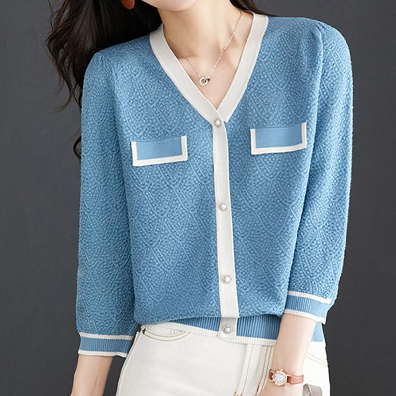 

Женские свитера, пуловеры 2025 Осень Зима V-образный вырез Черный Белый Вязаный свитер Женские топы, пуловер JJ184 One Size синий