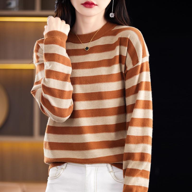 Women's Fashion Casual Stripe Print Autumn Winter Long Sleeve O-Neck Pullovers Sweaters