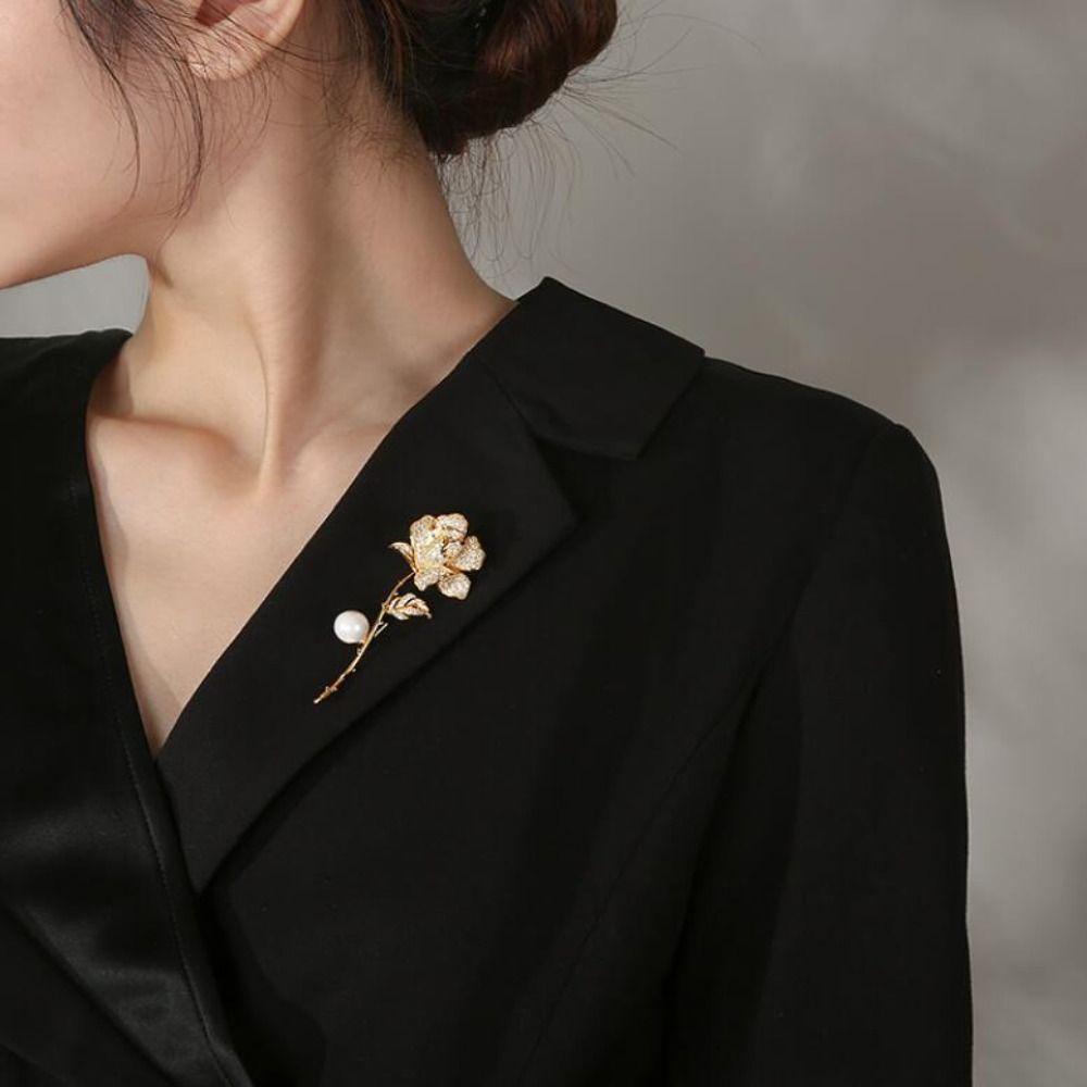 Clothing Accessories Korean Lapel Pin Crystal Badge Rose Pearl Brooch Suit Coat Collar Pin
