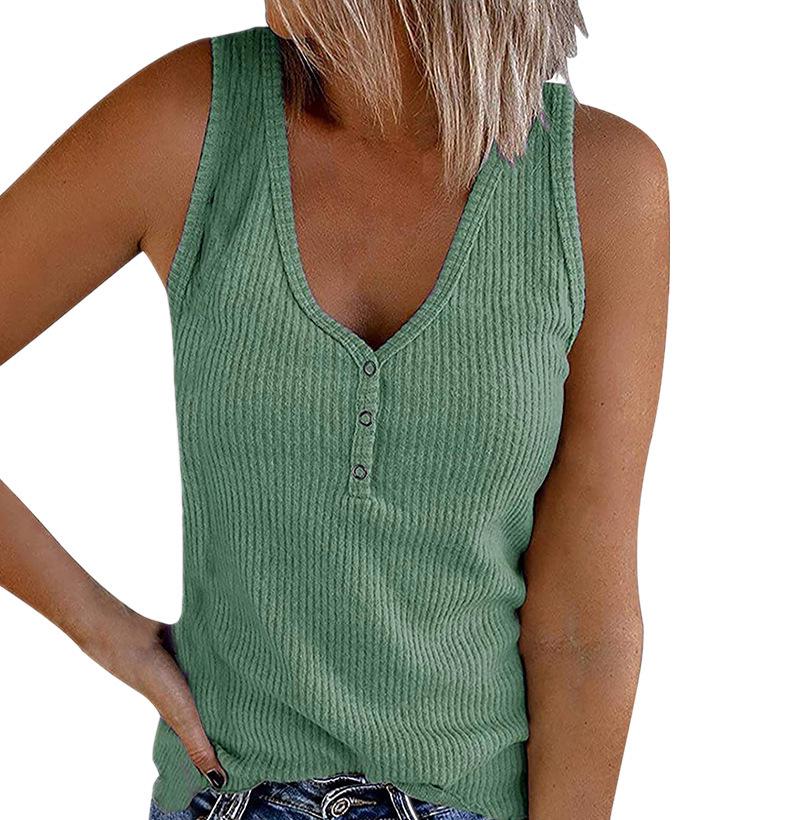 2023 Summer Women's Solid Color V-Neck Button Vest Sleeveless Top