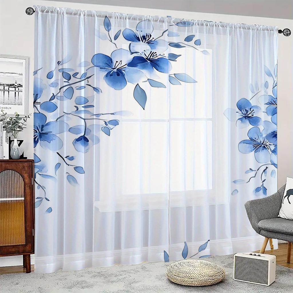 2 pezzi Rete per finestre stampata HD digitale Foglia Blu Fiore Blu Decorazione per la casa Stile Decorazione Soggiorno Camera da letto Asta