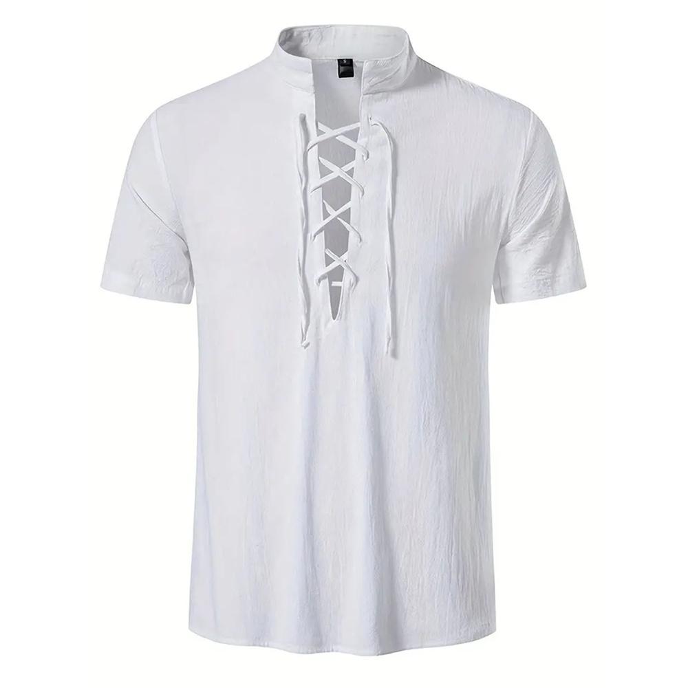 Men's Retro Shirt Short Sleeve Cotton Linen Lightweight Breathable Solid Color Fashion Tops Pirate V-neck Male Stylish Shirs