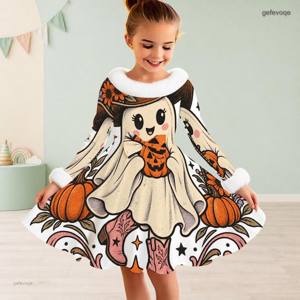 Girls High Neck Long Sleeve Furry Trim Printed Witch Frog Pattern A Line Flared Dress