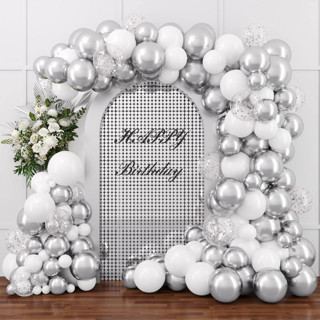 130Pcs Silver White Latex Garland Balloon for Wedding, Birthday, Pop Party, Bridal Shower, Graduation Decoration Balloon, Fa