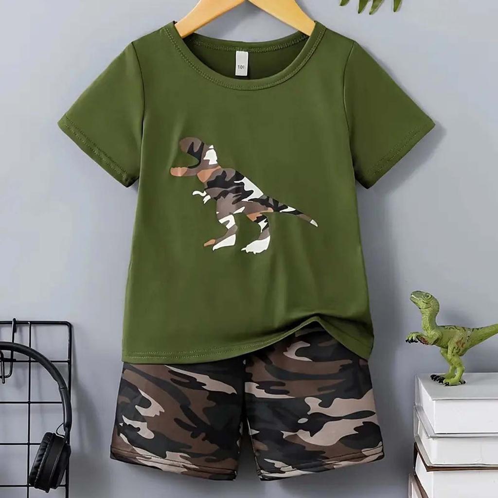 Boys Cartoon Dinosaur Short Sleeve T Shirt and Camouflage Shorts Set Summer Casual Outfit Lightweight Comfortable Fabric