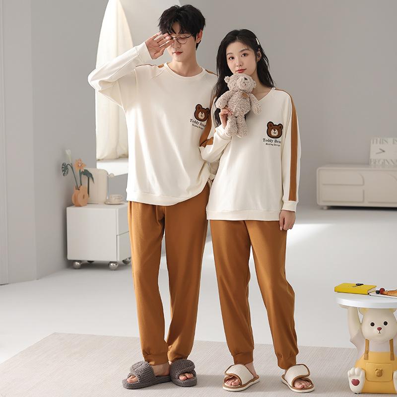 Pijamale de cuplu pentru femei, din bumbac pur, cu mânecă lungă și pantaloni, set drăguț de lounge pentru bărbați