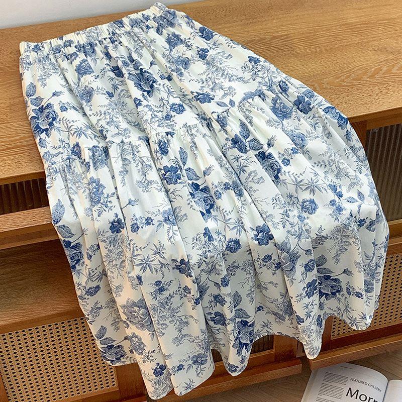 

Spring and Summer French style Retro Gentle Floral Skirt High Waist Drape Large Skirt Mid-Length A- line Skirt Double Layer Blue L(55.00 kg-62.50 kg)
