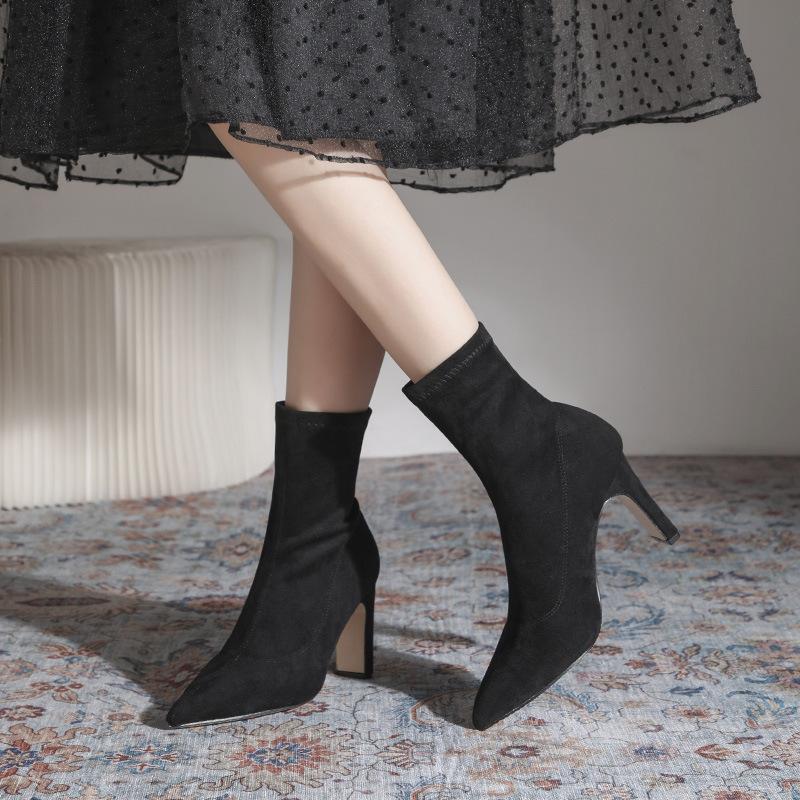 Martin Boots Women'S Spring And Autumn Boots High Heel Elastic Thin Boots British Style Short Boots Women