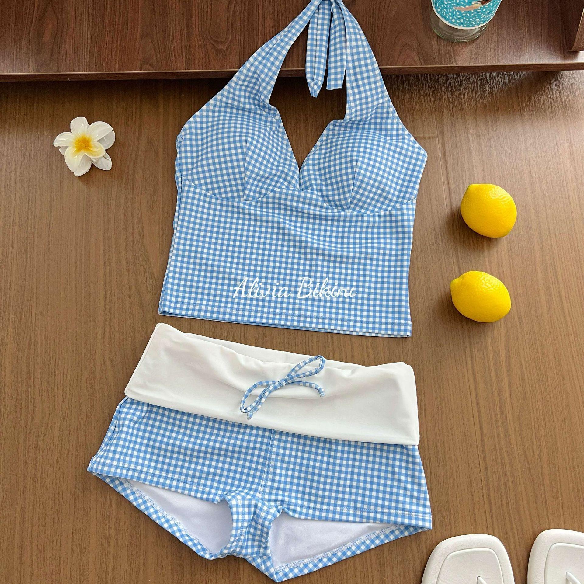 

[Chiang Mai Holiday] Thai plaid split swimsuit plaid print neck bikini hot spring vacation swimsuit XL синій