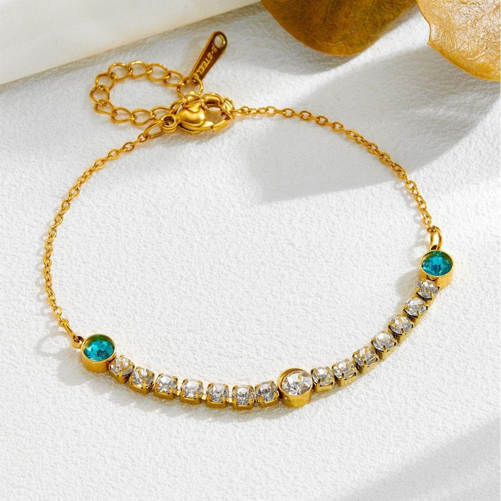 DIEYURO 316L Stainless Steel Exquisite Fashion Round Blue Zircon Golden Chain Bracelet Classic Women New Non-fading Jewelry