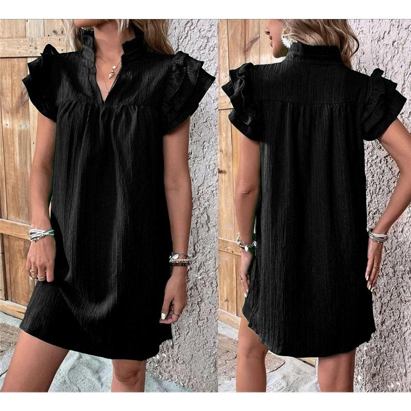 

Women s Ruffled Sleeve V-Neck Mini Dress Casual Loose Fit Summer Dress S чёрный