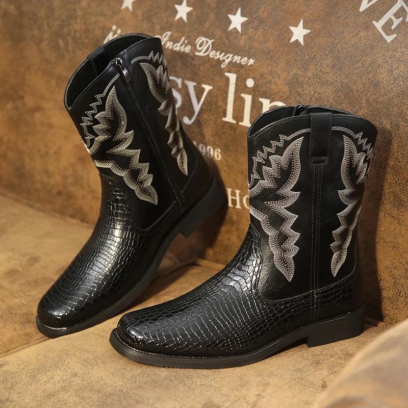 Fashion Brogue Shoes Men Crocodile Pattern Boots Chelsea Boots Men's Luxe British Shoes Cowboy Botas Retro Side Zipper Motorcycle Boots