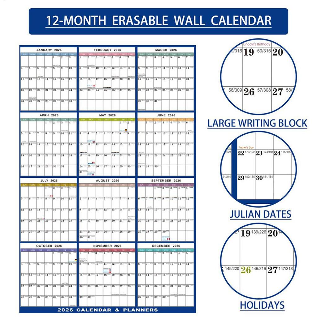 2026 Wall Calendar Large Erasable, Dry-Erase Academic Planner With Foldable Design For Office Classroom Home Decor, Gift