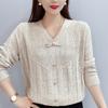 golden brown v-neck three quarter sleeve shimmer knit top with bow detail for women
