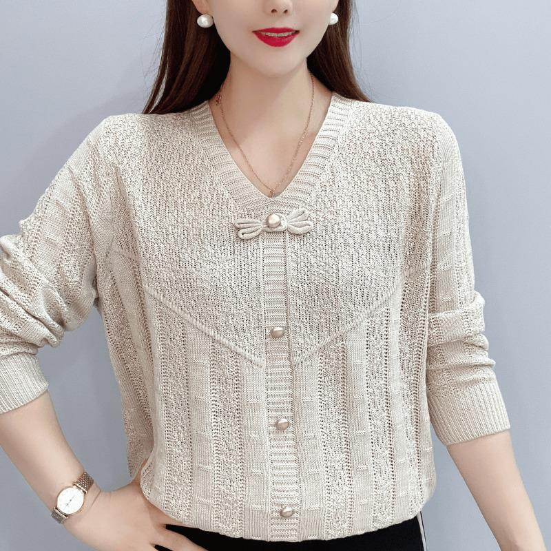 golden brown v-neck three quarter sleeve shimmer knit top with bow detail for women