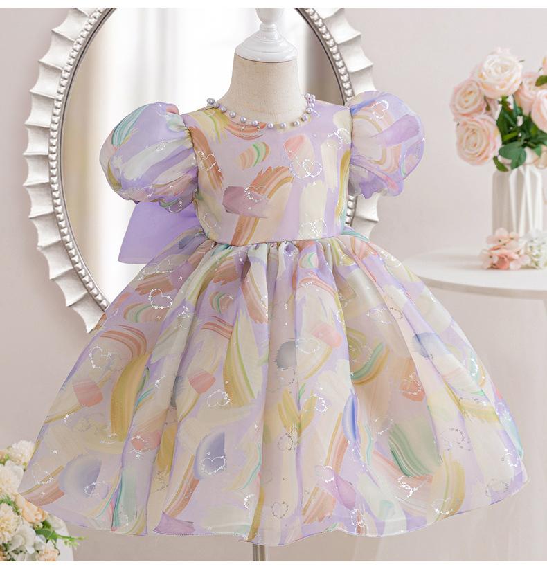 Mädchenkleid Sommer Neu Koreanisch Prinzessin Mesh Perle Rundhals Große Schleife Puffärmel Flauschiges Kleid Kinderkleidung Mädchen
