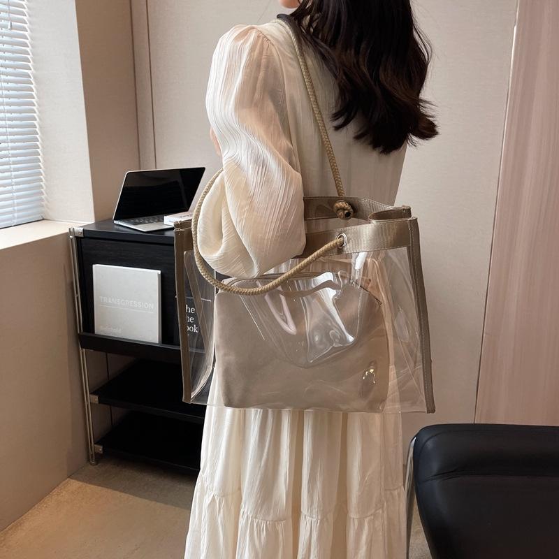 Personalized transparent bag women's new model, large-capacity mother and child shoulder bag trendy commuter PVC portable tote bag