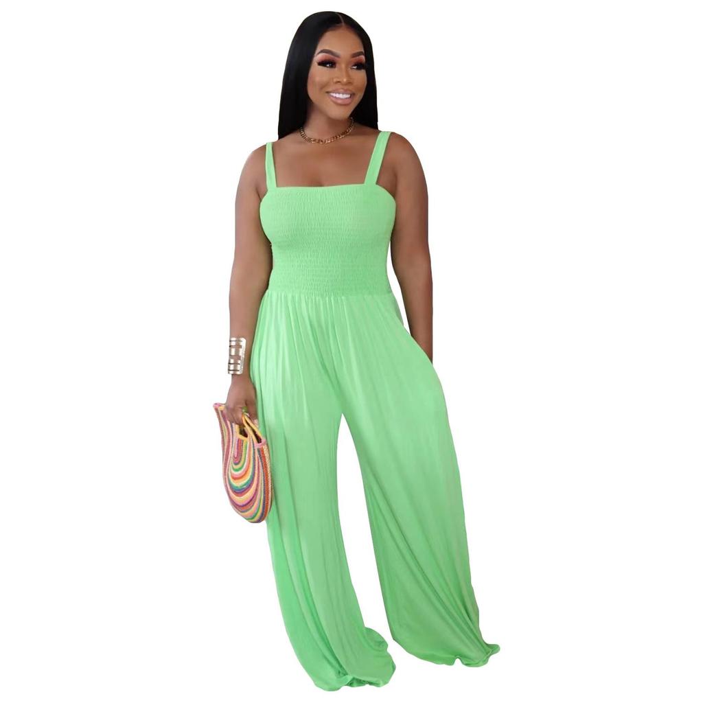 European & American Women's Solid Color Wide-Leg Suspender Jumpsuit
